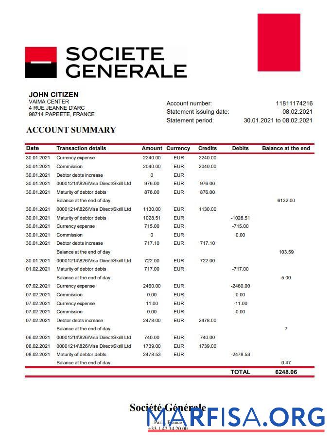 Blank France Société Générale bank statement excel template
